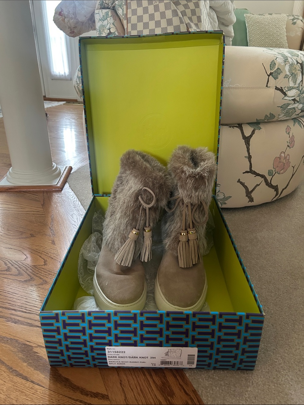 Tory Burch Taupe Faux Fur Tassel Winter Boots